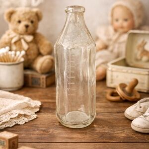 Antique Glass Baby Bottle Embossed Measuring Bottle USA Vintage Nursery Decor